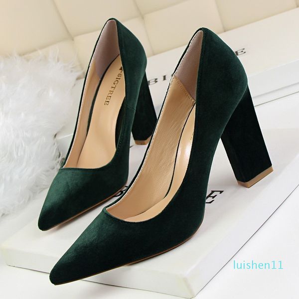 

chic colorful blue velvet thick high heels chunky heel pointed toe pumps 9.5cm 2017 size 34 to 39 l11, Black