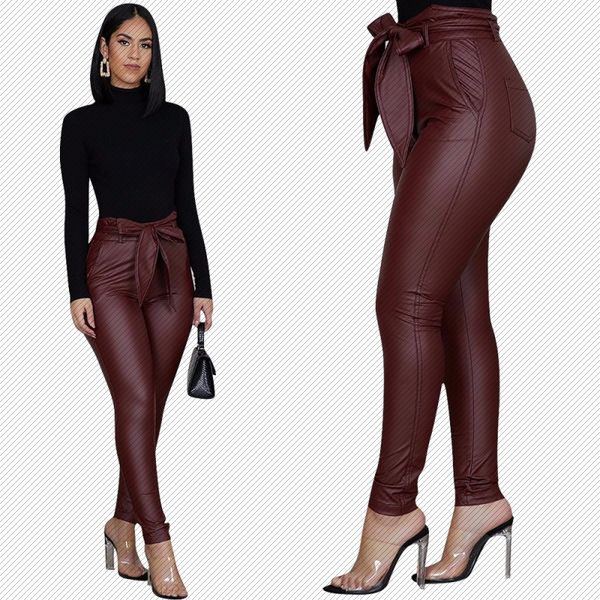 

w8247 amazon independent station european and american womens fashion casual pu pants leather pants (including belt, Black;white