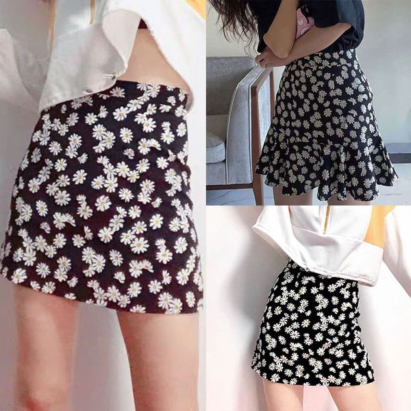 

skirts mini skirt womens high waist floral satin short a line daisy print women, Black