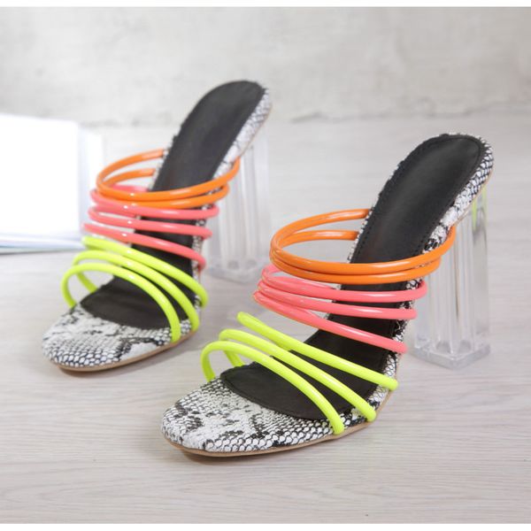 

new fashion women narrow strap slippers ladies square heels transparent female snake pattern shoes woman comfortable footwear, Black