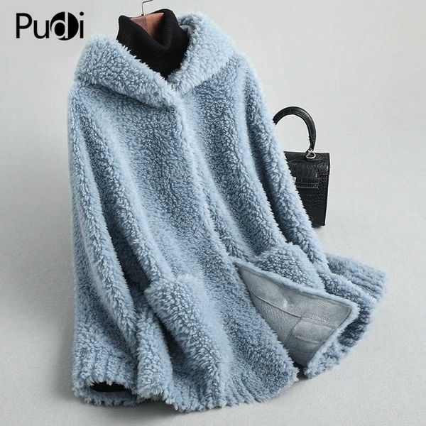 

pudi women winter real wool fur coat jacket female girl sheep shearing hooded coats lady fur parka jacket overcoats a59428, Black