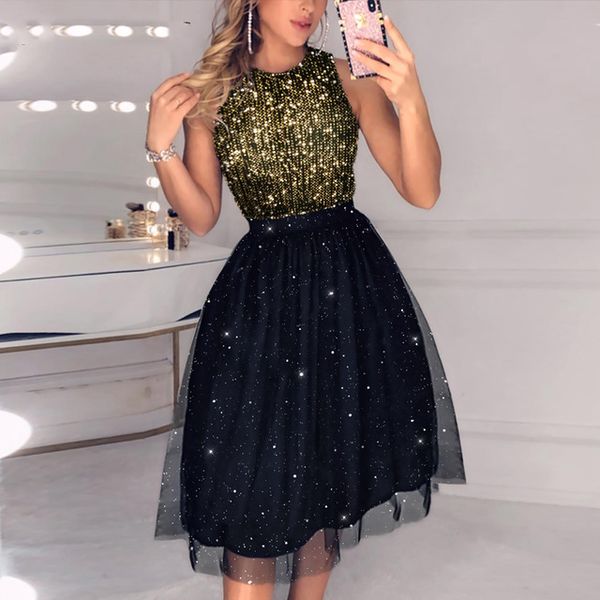 

mesh sleeveless sequins party dress women dress, Black
