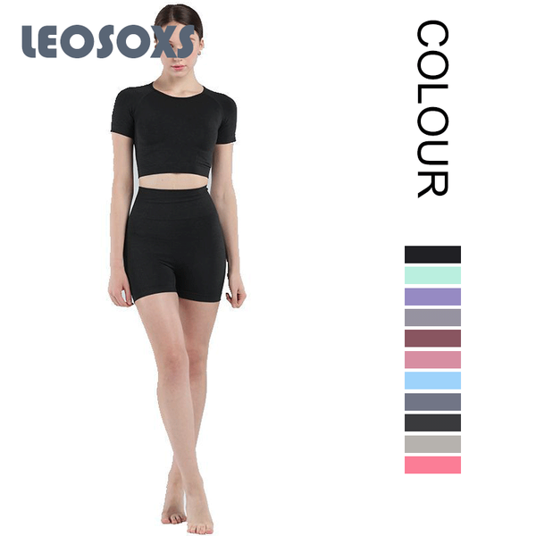 

leosoxs yoga suit for women 2020 running exercise yoga short sleeve set fashion seamless simple tight shorts fitness set, White;red