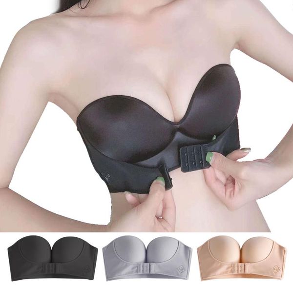 

bras front closure push up bra women strapless non-slip small chest female brassiere seamless abc cup, Red;black