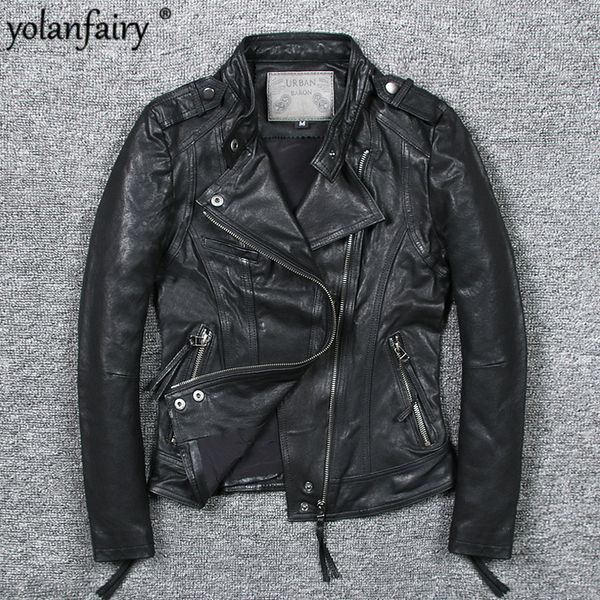 

genuine leather jacket women clothes 2020 short 100% sheepskin coat female biker motorcycle jacket spring autumn slim fit 1680, Black