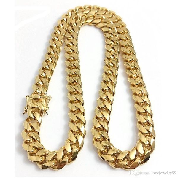 

stainless steel jewelry 18k gold filled plated high polished cuban link necklace men punk curb chain dragon latch clasp 15mm 24"/26"/28"/30"