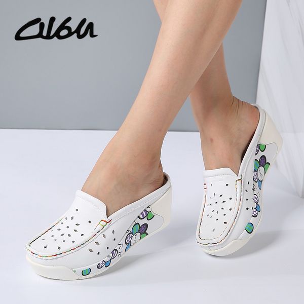 

лето женщины платформа тапочка шаблон цветочные квартиры дышащая кожа повседневная обувь slip-на удобных медсестры обувь вырезать 221, Black