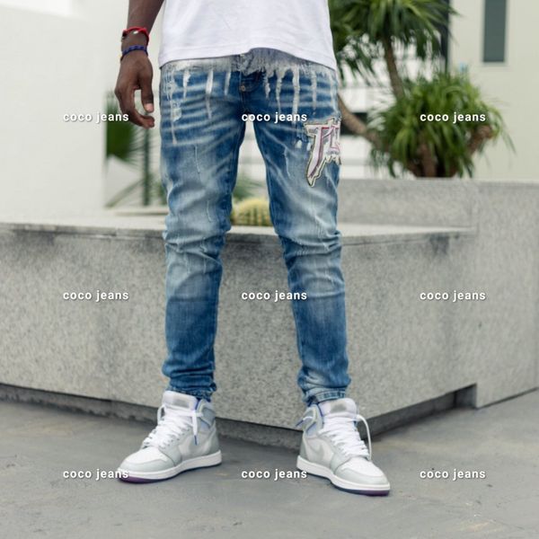

2020 новая мода mens жан-стрит черные дыры белые полосы jeans hiphop скейтборд карандаш брюки g # 146, Blue