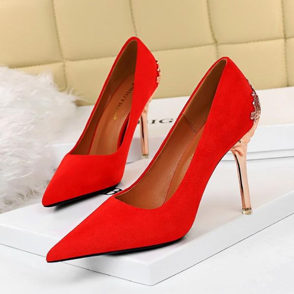 

elegant metal carved heels women pumps 2020 fashion suede high heels 10cm shoes woman wedding shoes, Black