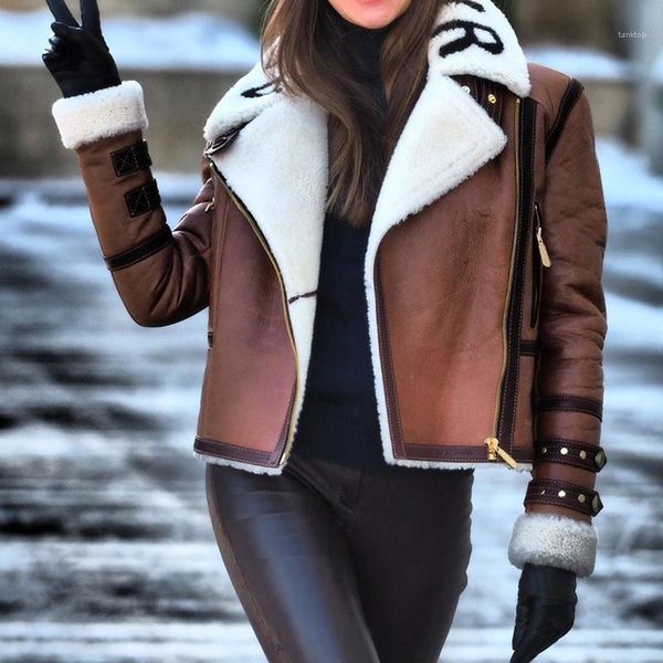 

coats winter loose casual ladies outerwear thicken letter print womens jackets cowhide lamb solid color women, Black;brown