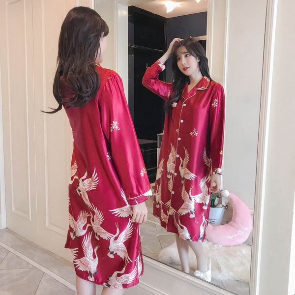 

kz8l6 new ice silk sleeve cardigan nightgown women's imitation silk long skirt korean style plus fat long skirt pajamas pajamas size ho, Blue;red