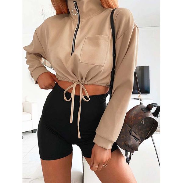 

2020 winter women short hoodies series autumn streetwear solid khaki black long sleeve pollover sweatshirt for women
