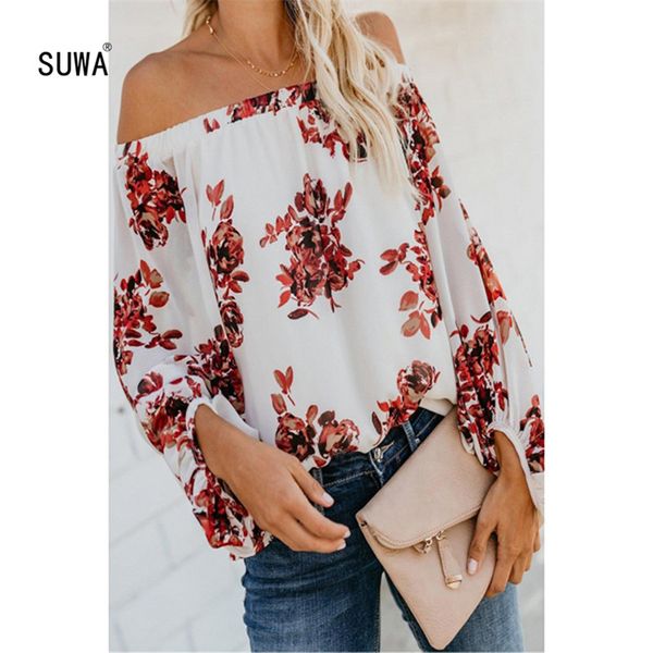 

multi floral print loose sweet women's shirt new design spring streetwear women salsh neck off shoulder 3 color, White