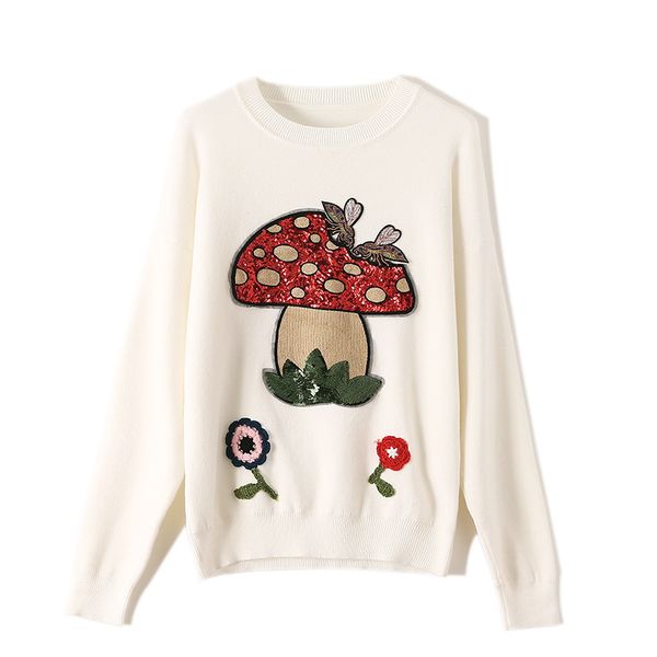

autumn winter flower mushroom bee sequins sweater women pullover long sleeve casual outerwear pull femme ta1121, White;black