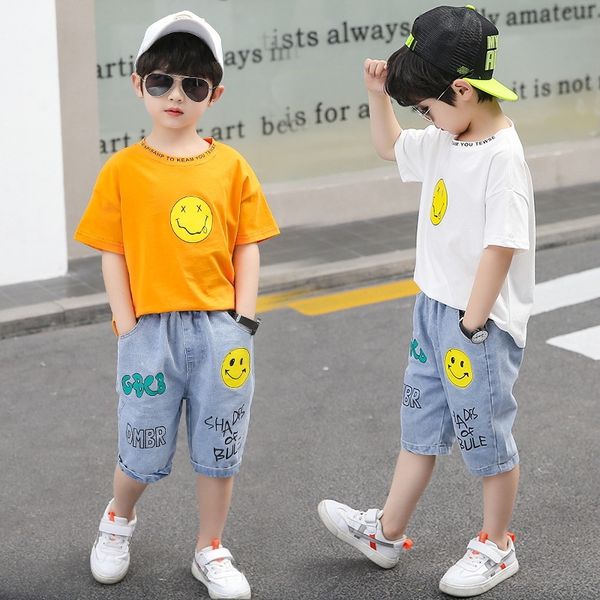 

qimva 2020 new korean style fashion casual t-shirt two-piece boys jeans set pants suit pants suit ' smiley face printed jeans set trend