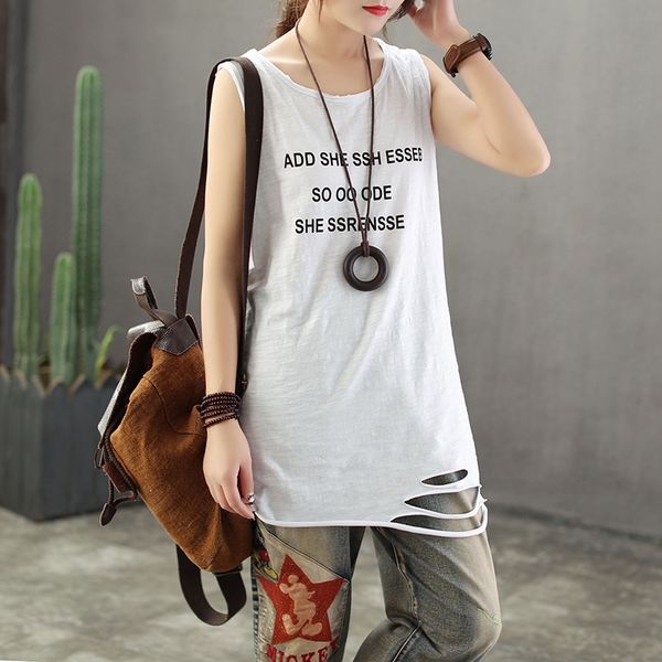 

qiluan drawing summer clothes artistic cotton women's loose hole letter printing medium and long white base shirt shirt, Camo