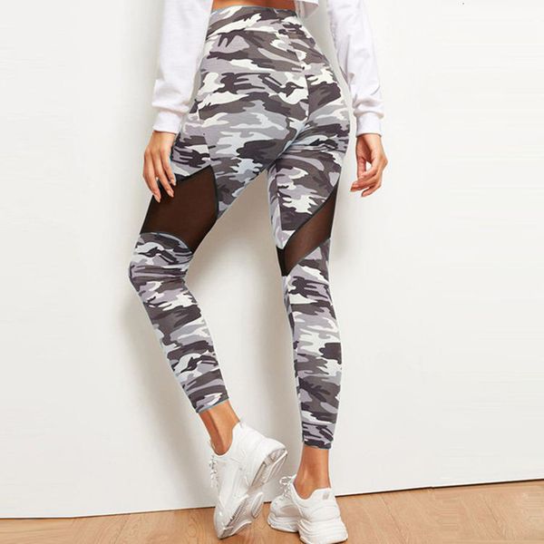 

women leggings camouflage printed with mesh patchwork skinny pencil pants fitness streetwear outdoors sweatpants legins new, Black