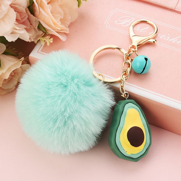 

cute fluffy pompom keychain women girl resin watermelon avocado fruit key chain faux fur bag charms pendant key ring accessories, Silver