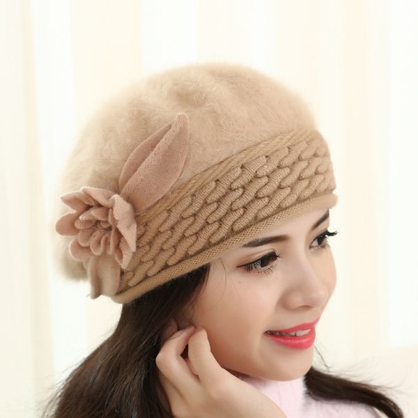 

pewvn m68 rabbit hair big flower warm with earflaps knitted winter middle-aged and elderly knitted hat warm female hat winter ear protection, Blue;gray
