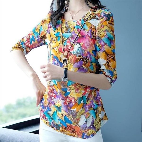 

2020 new butterfly chiffon blouse women short sleeve plus size summer kimono sleeve o neck midi tees vestidos ladies clothes, White