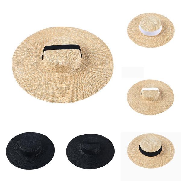 Aba larga Boater Hat 10 centímetros 15 centímetros Brim Straw Cap Tie Ribbon Hat Flat White Black Sun Chapéu da praia para as mulheres em Toldo Verão Cap New Y200619