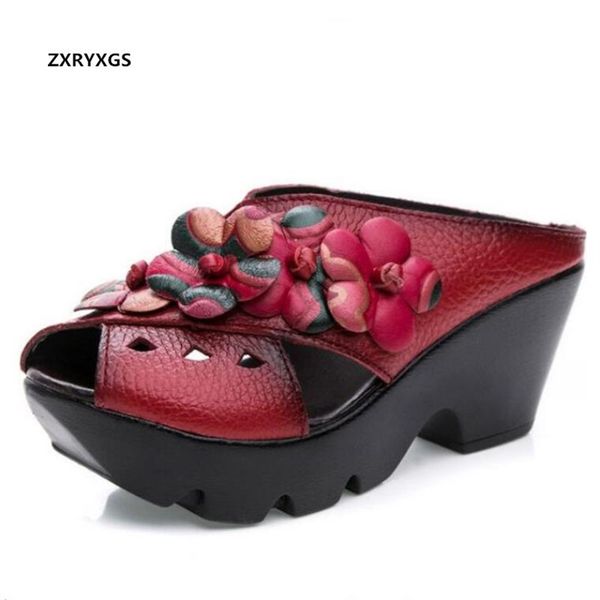 

2020 summer handmade flower fashion sandals cow leather shoes women slippers sandals hollow platform shoes woman wedges, Black