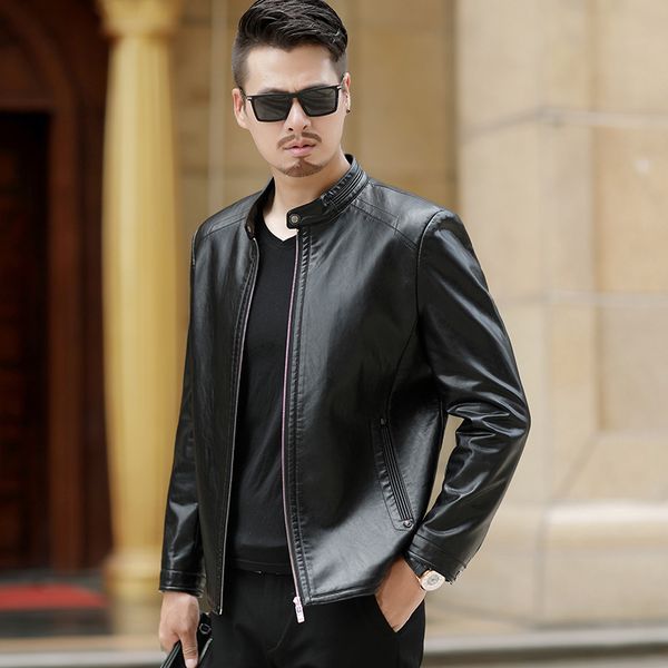 

sheepskin leather men's stand collar single leather jacket men's wear autumn winter middle aged father's coat man, Black