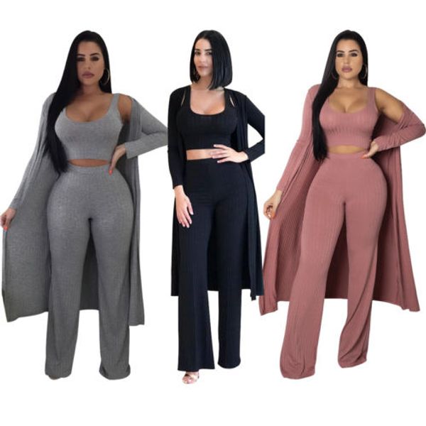 

autumn fashion 3pcs women lady solid cloak & crop & pants sets sport wear suit, White