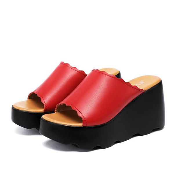 

big size new 2020 women slippers summer beach shoes high heels wedge platform shoes peep toe split leather slippers ladies, Black