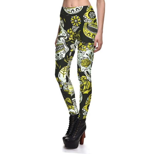 

jigerjoger 2020 winter christmas halloween printing yellow aztec retro flower skull leggings women's plus size running tights, Black;blue