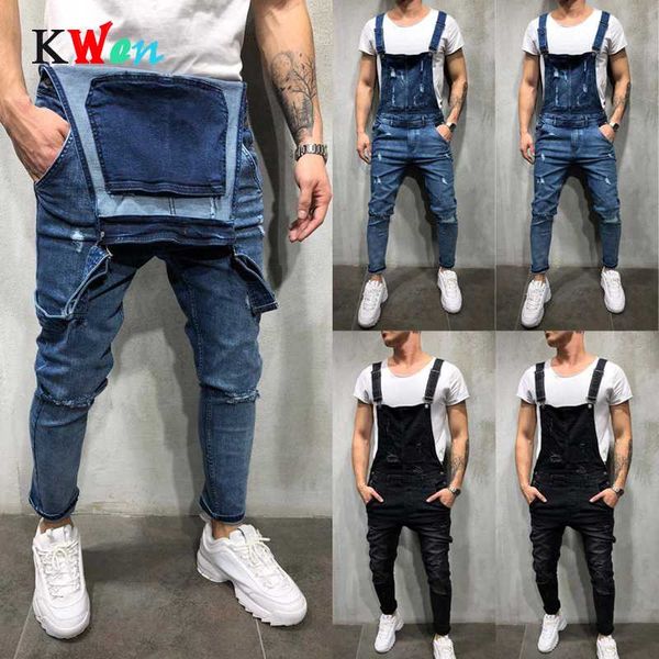 

men's pants fashion torn thin jeans worn denim overalls zipper, Black