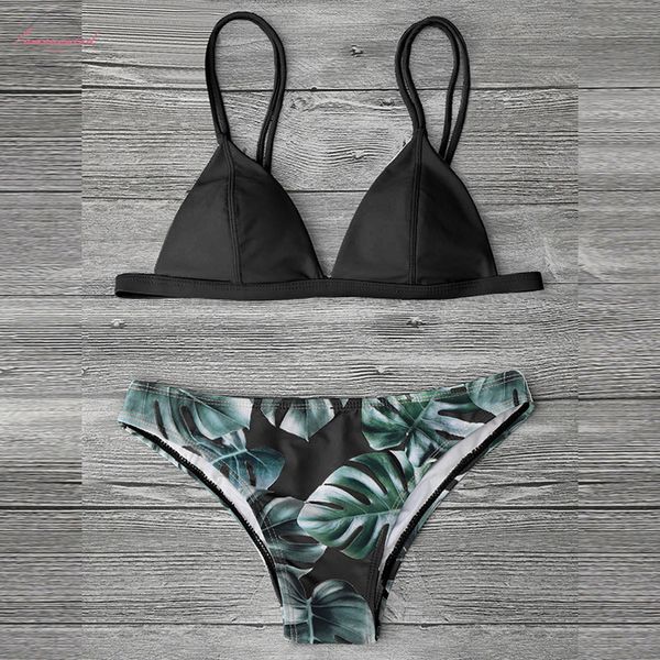 

swimwear women bikini set print leaves push up padded swimsuit 2020 low waist beachwear biquini swimsuit bathing suit woman, White;black