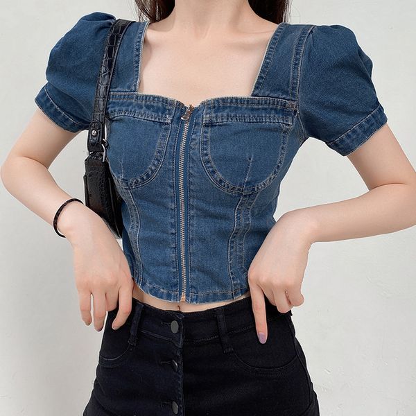 

denim square collar women t-shirt summer fashion bubble sleeve blue crop slim backless short sleeve shirt zipper tee, White