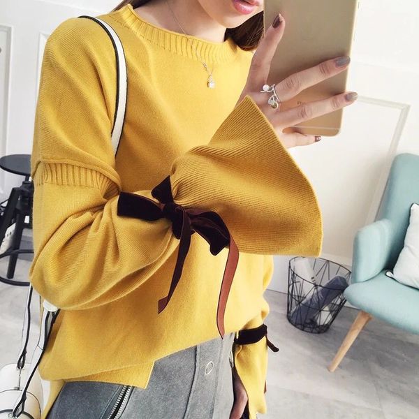 

2020 autumn winter new korean women lace up sweater sweet bow o neck knitwear solid speaker sleeves knit, White;black