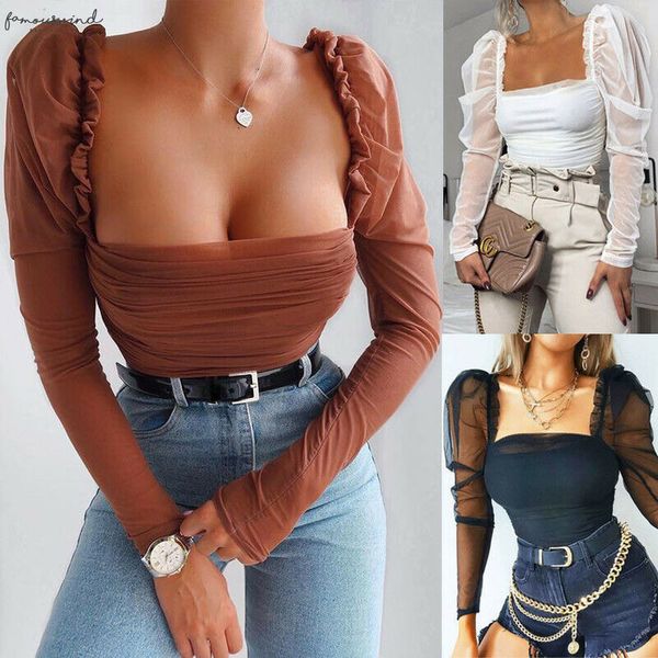 

women bodysuit casual solid mesh puff long sleeve ruched square neck strap jumpsuit leotard streetwear, White