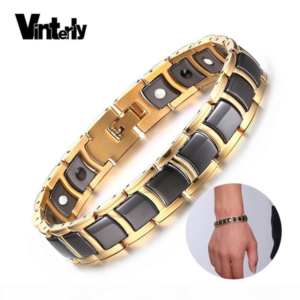 

vinterly steel magnetic bracelet male black ceramic energy germanium bracelets men hand chain gold color hologram bracelets 2018 mx190727, Golden;silver