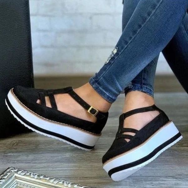 

women sandals summer ladies comfortable round toe ankle hollow sandals female soft sole shoes plus size, Black