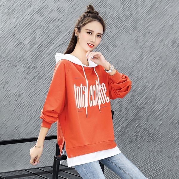 

k03538 hoodie sweater fake two-piece cool sweater women's short contrast color hoodie spring and autumn 2020 new loose lazy style, Black