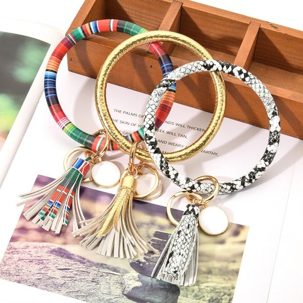 

2020 35styles PU Leather Tassels Bracelet Keychain PU Wrist Key Ring Sunflower Leopard Patterns Bangle Key Holder ring bracelet