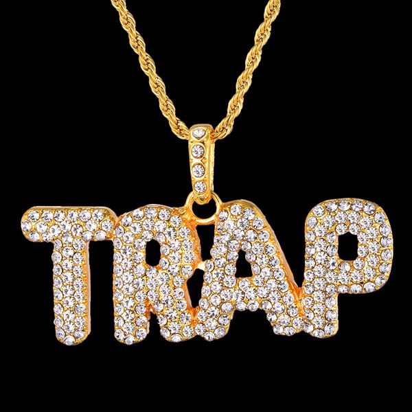 

us7 full rhinestoned iced out letter trap pendants & necklaces with stainless steel rope chain necklace for men hip hop jewelry, Silver