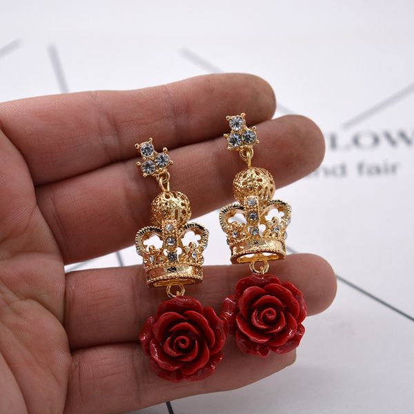 

women fashion queen vintage earrings baroque royal rose flower crown metal statement dangle earrings wendding party jewelry gift, Silver