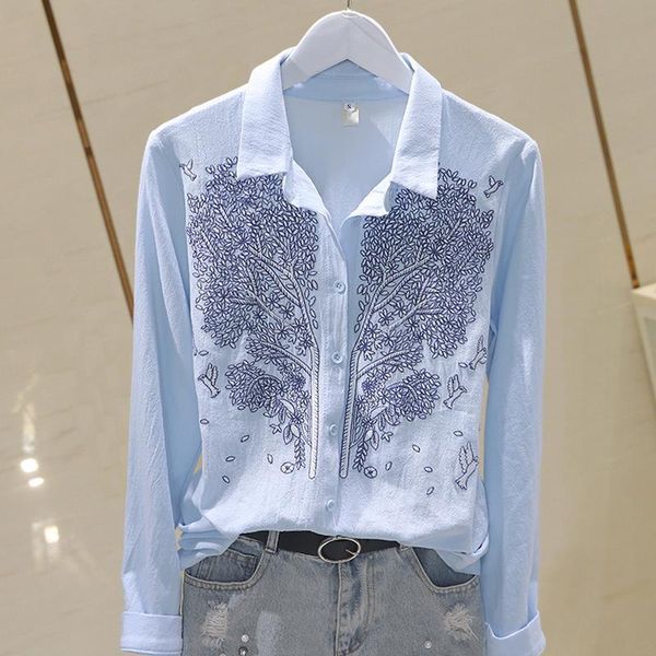 

women's blouses & shirts 2021 spring autumn shirt fashion women casual lapel long sleeve floral embroidered work tunic blouse blusas k, White