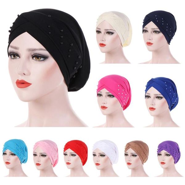 

women elastic turban hat muslim hijab islamic beads cancer chemo cap ladies hijab stretch head wrap head scarf inner cap fashion, Red