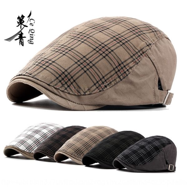 

washed cotton men's summer outdoor casual beret hat hat forward cap british plaid beret women's large size thin, Blue;gray