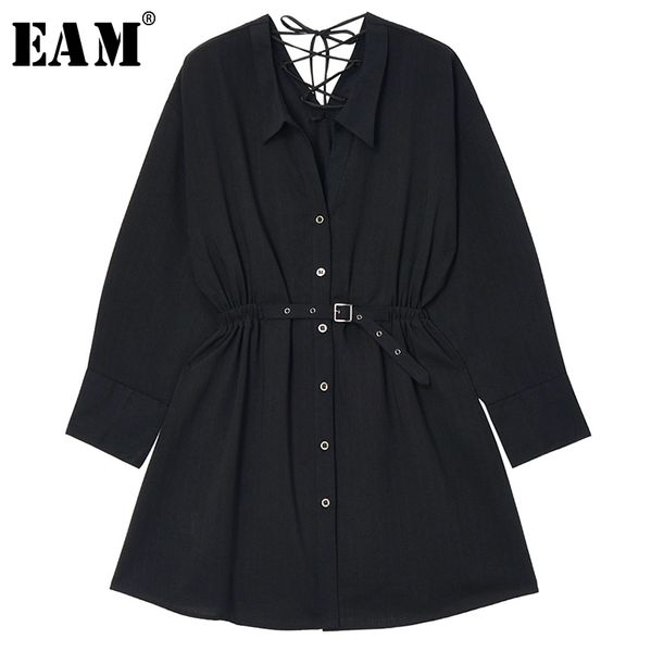 

eam] women black elastic waist back cross bandage shirt dress new lapel long sleeve loose fit fashion spring summer 2020 1u402, Black;gray