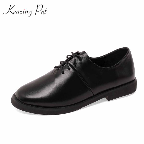 

krazing pot british school genuine leather basic style low square heel round toe lace up beauty lady dress cozy women pumps l72, Black