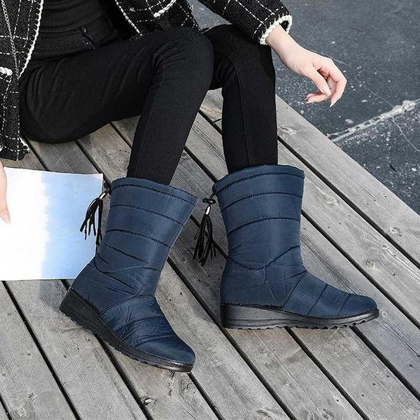 

snow boots women winter warm plus size waterproof fringe striped casual female mid calf boots ladies shoes, Black