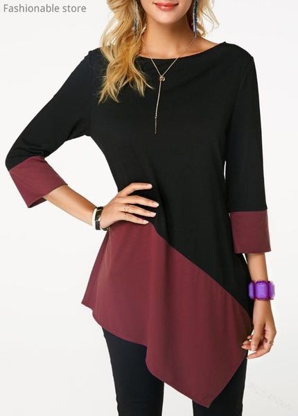 

large size women long sleeve colorblock o-neck t-shirt irregular casual top, White