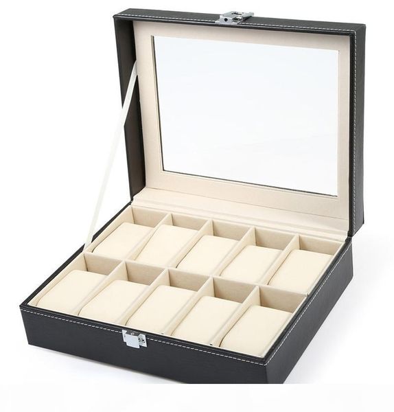 

pu leather 10 slots wrist watch display box case storage holder organizer - professional watch bracelet box case, Black;white