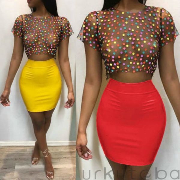 

women sets 2018 new brand women o-neck dot mesh crop + bodycon skirts suits outfits plus size, Gray